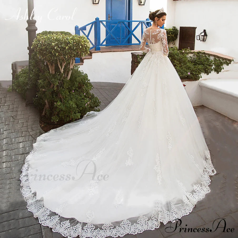 Circular Neck Extended Sleeve Lace Wedding Gown