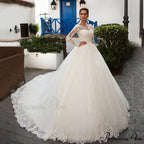 Circular Neck Extended Sleeve Lace Wedding Gown