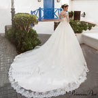 Circular Neck Extended Sleeve Lace Wedding Gown