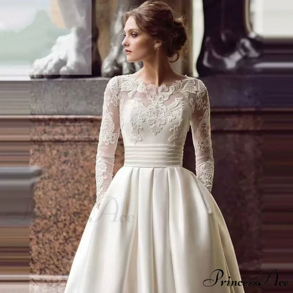 Circular Neck Lace Silk Bridal Gown