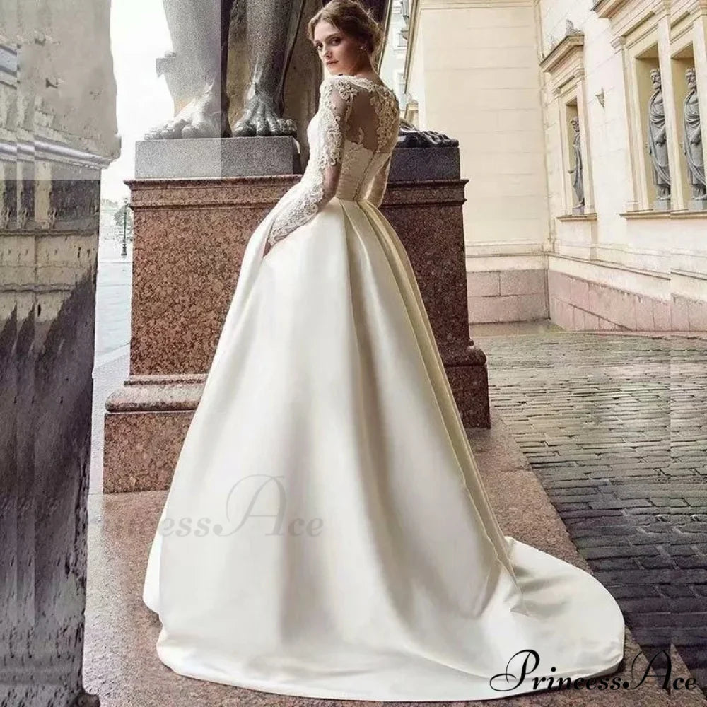 Circular Neck Lace Silk Bridal Gown