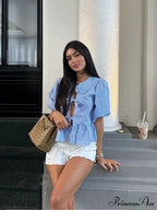 Circular Neck Ribbon Short Sleeve Checkered Blouse