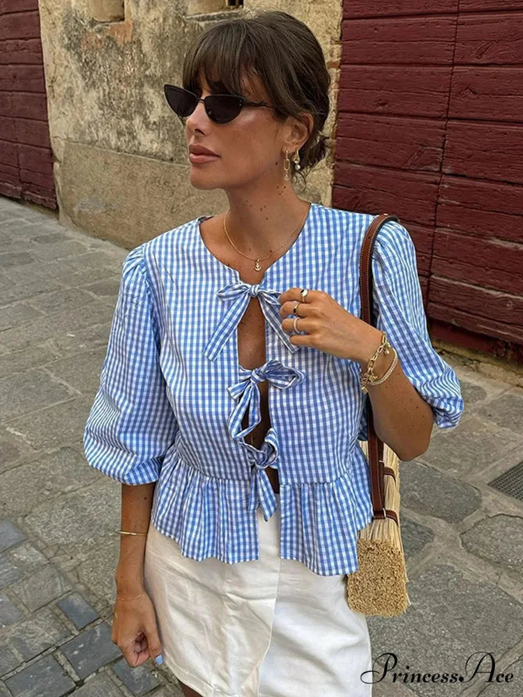 Circular Neck Ribbon Short Sleeve Checkered Blouse