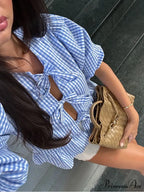 Circular Neck Ribbon Short Sleeve Checkered Blouse