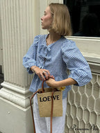 Circular Neck Ribbon Short Sleeve Checkered Blouse