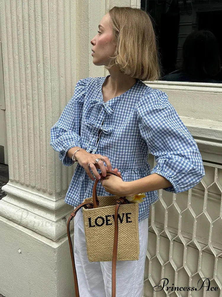 Circular Neck Ribbon Short Sleeve Checkered Blouse