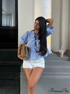 Circular Neck Ribbon Short Sleeve Checkered Blouse