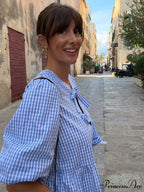 Circular Neck Ribbon Short Sleeve Checkered Blouse