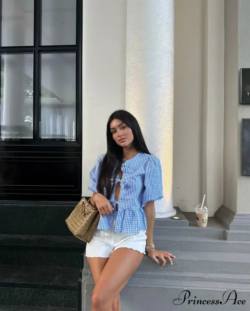 Circular Neck Ribbon Short Sleeve Checkered Blouse