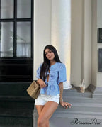 Circular Neck Ribbon Short Sleeve Checkered Blouse