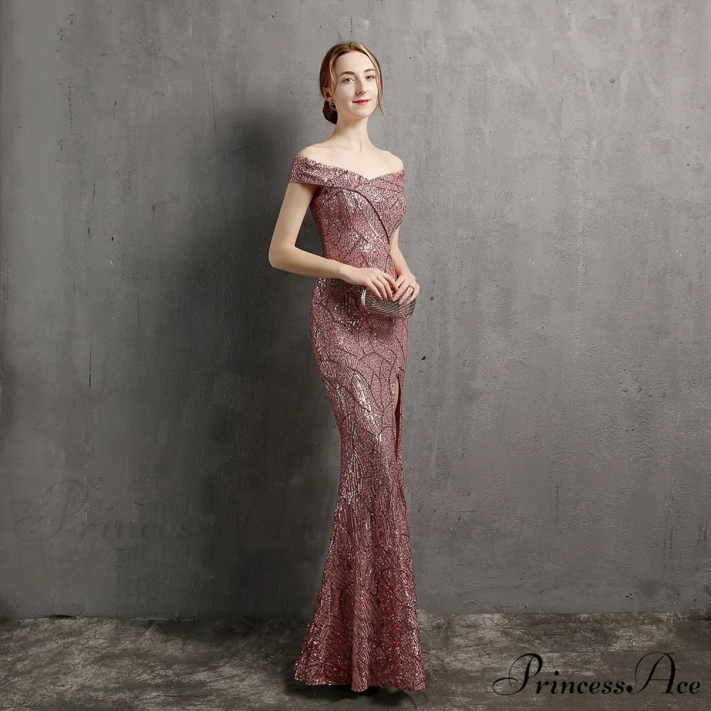 Clara Glitter Off the Graceful Shoulder Split Dress For Prom