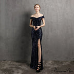 Clara Glitter Off the Graceful Shoulder Split Dress For Prom