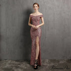Clara Glitter Off the Graceful Shoulder Split Dress For Prom