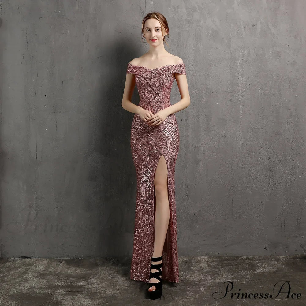 Clara Glitter Off the Graceful Shoulder Split Dress For Prom
