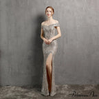 Clara Glitter Off the Graceful Shoulder Split Dress For Prom