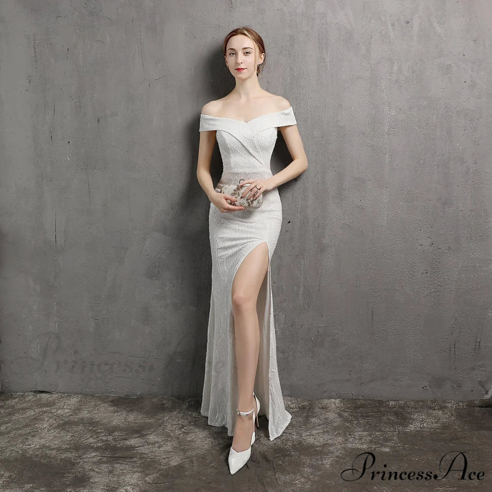 Clara Glitter Off the Graceful Shoulder Split Dress For Prom