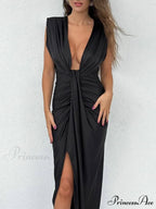 Classic V-Neck Ruched Charming Drape Slit Midi Dress