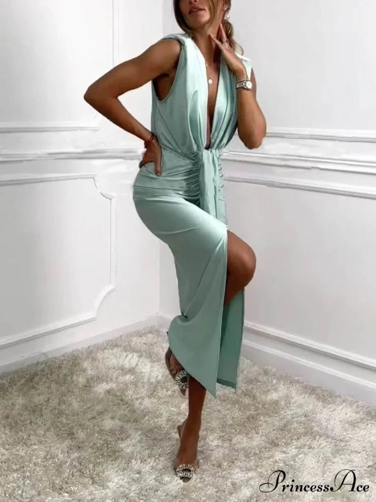 Classic V-Neck Ruched Charming Drape Slit Midi Dress