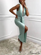 Classic V-Neck Ruched Charming Drape Slit Midi Dress