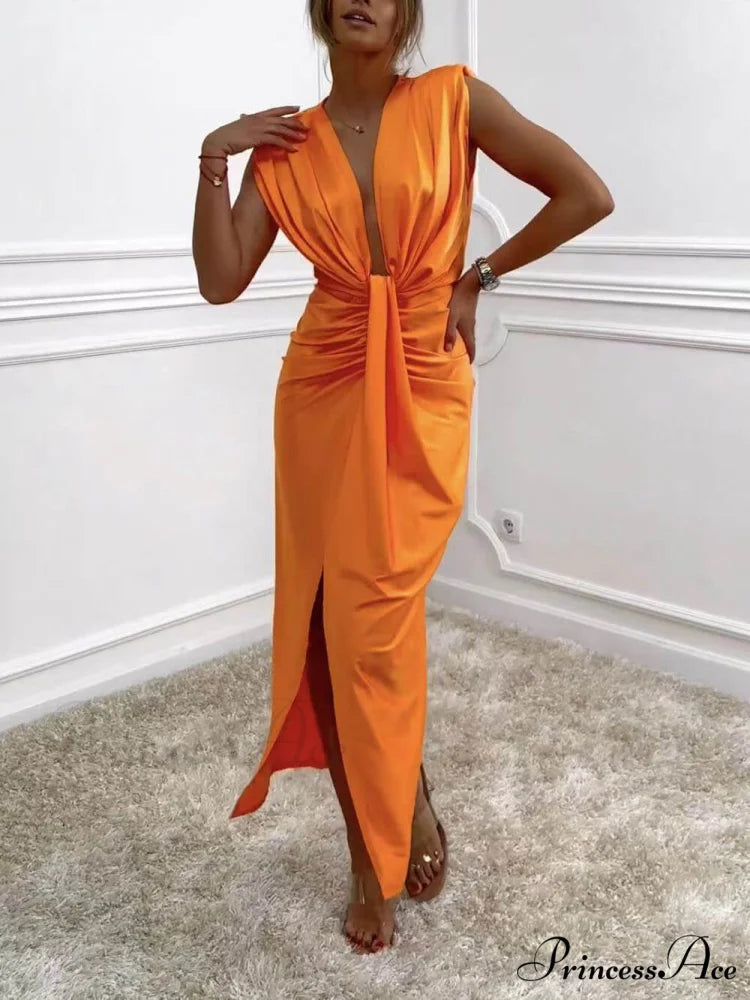 Classic V-Neck Ruched Charming Drape Slit Midi Dress