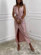 Classic V-Neck Ruched Charming Drape Slit Midi Dress
