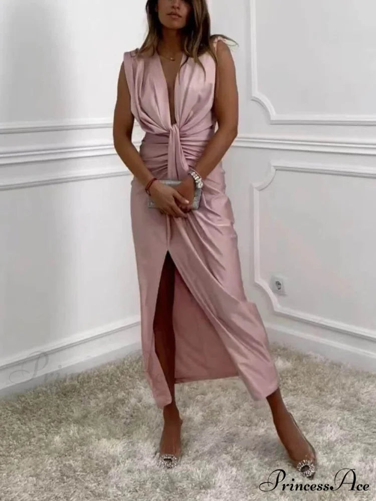 Classic V-Neck Ruched Charming Drape Slit Midi Dress