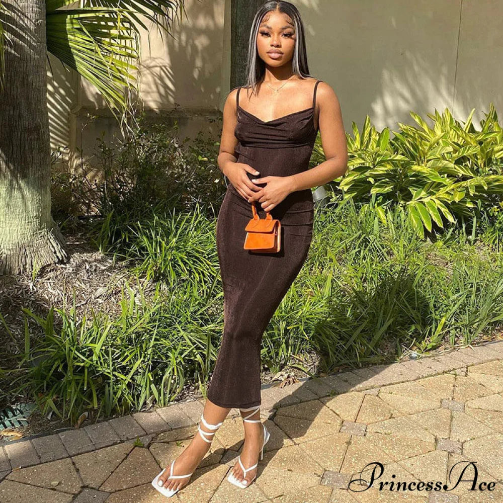 Classy Cowl Neck Tie String Classic Silky Slip Maxi Dress - Champagne