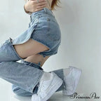 Clean Zipper False Torn Denim Trousers