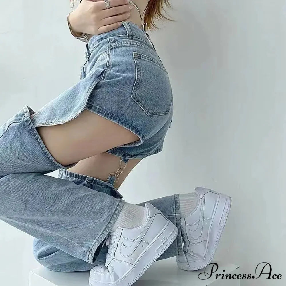 Clean Zipper False Torn Denim Trousers