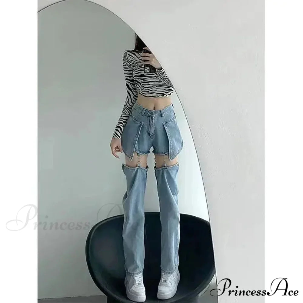 Clean Zipper False Torn Denim Trousers