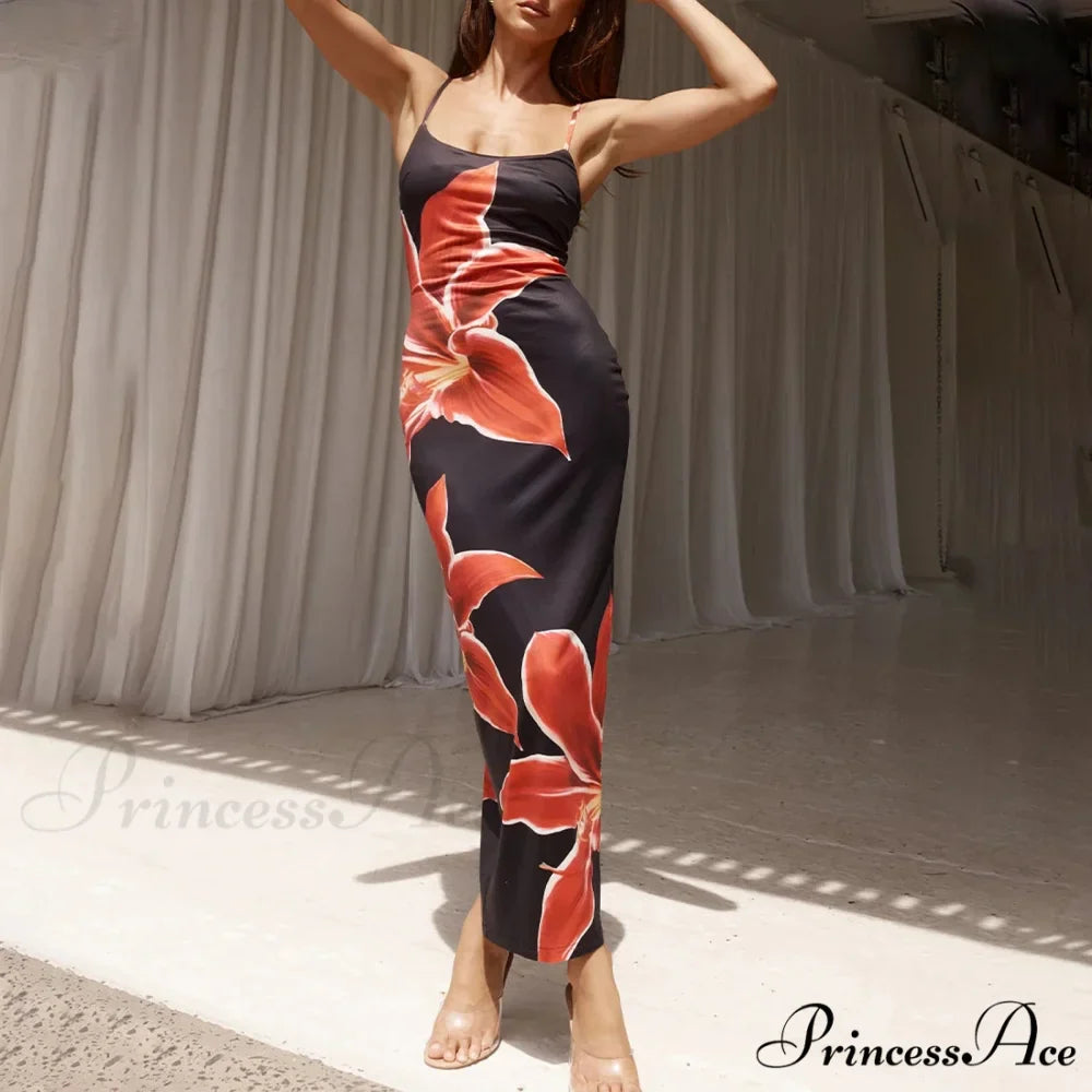 Cocktail Bodycon Flower Print Split Summer Streetwear Flower Dress