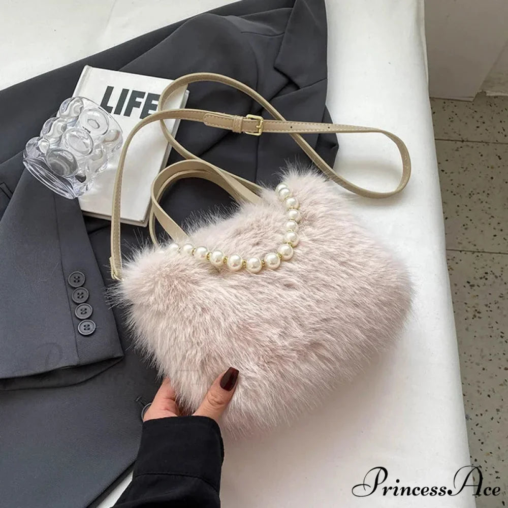 Cold Faux Fur Crossbody Pearl Chain Decor Purse