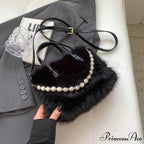 Cold Faux Fur Crossbody Pearl Chain Decor Purse