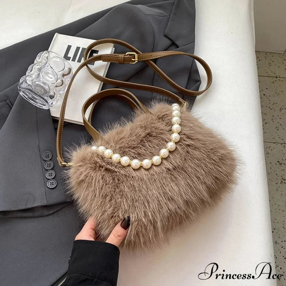 Cold Faux Fur Crossbody Pearl Chain Decor Purse