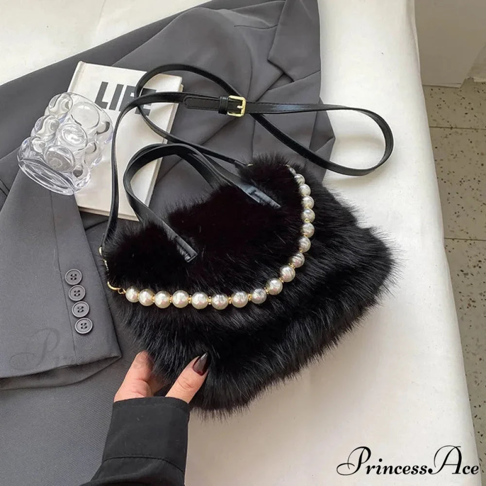 Cold Faux Fur Crossbody Pearl Chain Decor Purse