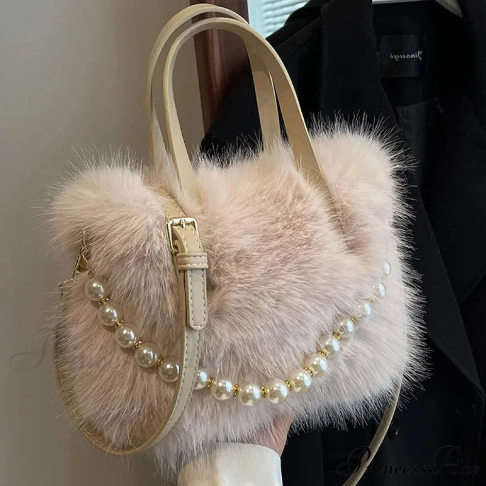 Cold Faux Fur Crossbody Pearl Chain Decor Purse