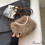 Cold Faux Fur Crossbody Pearl Chain Decor Purse