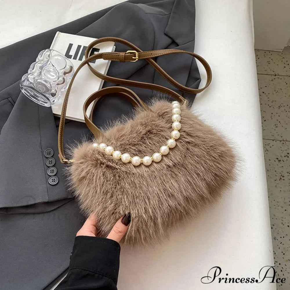 Cold Faux Fur Crossbody Pearl Chain Decor Purse