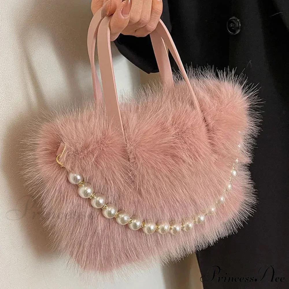 Cold Faux Fur Crossbody Pearl Chain Decor Purse