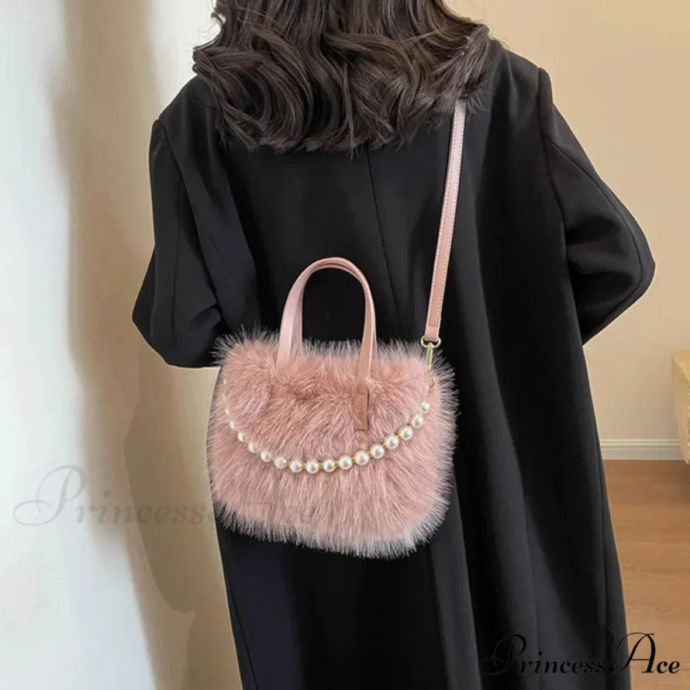 Cold Faux Fur Crossbody Pearl Chain Decor Purse