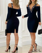 Cold Shoulder Long Sleeve Sexy Skinny Night Out Party Mini Slit Dress