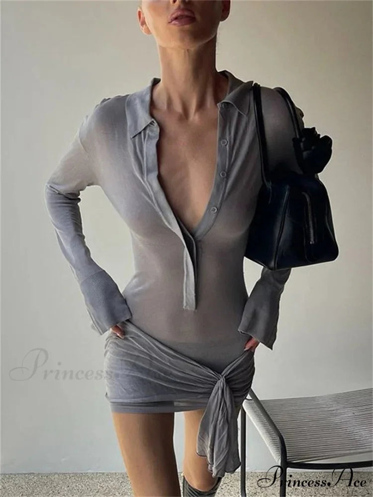 Collar Folded Transparent Short Dress