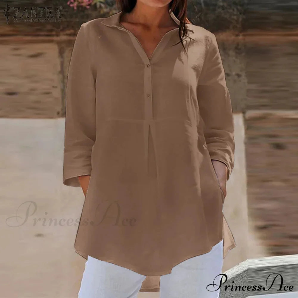 Collar Neck 3/4 Sleeve Informal Baggy Button Blouse