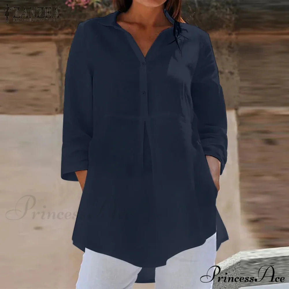Collar Neck 3/4 Sleeve Informal Baggy Button Blouse