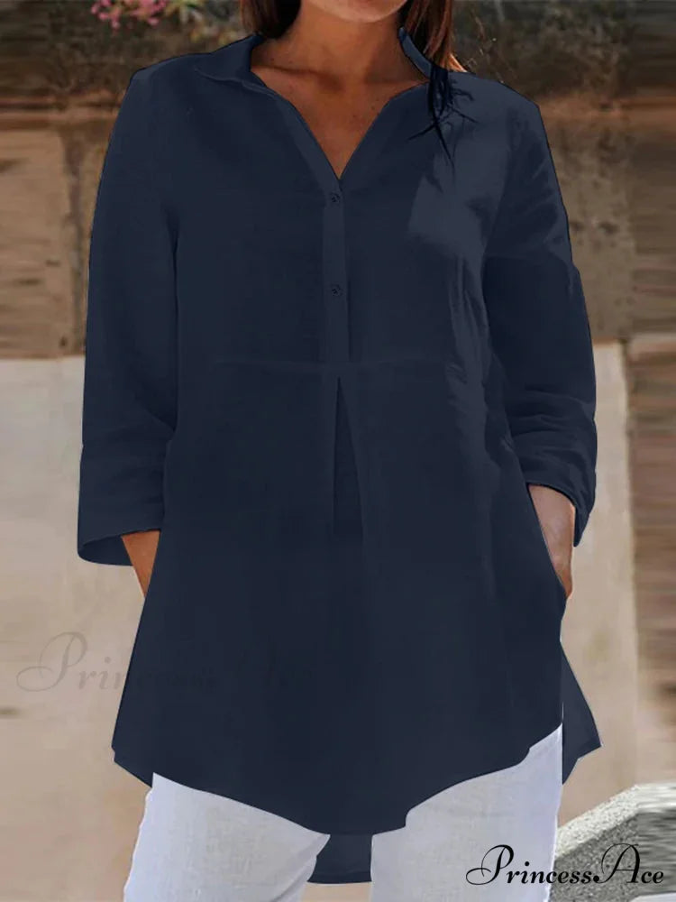 Collar Neck 3/4 Sleeve Informal Baggy Button Blouse