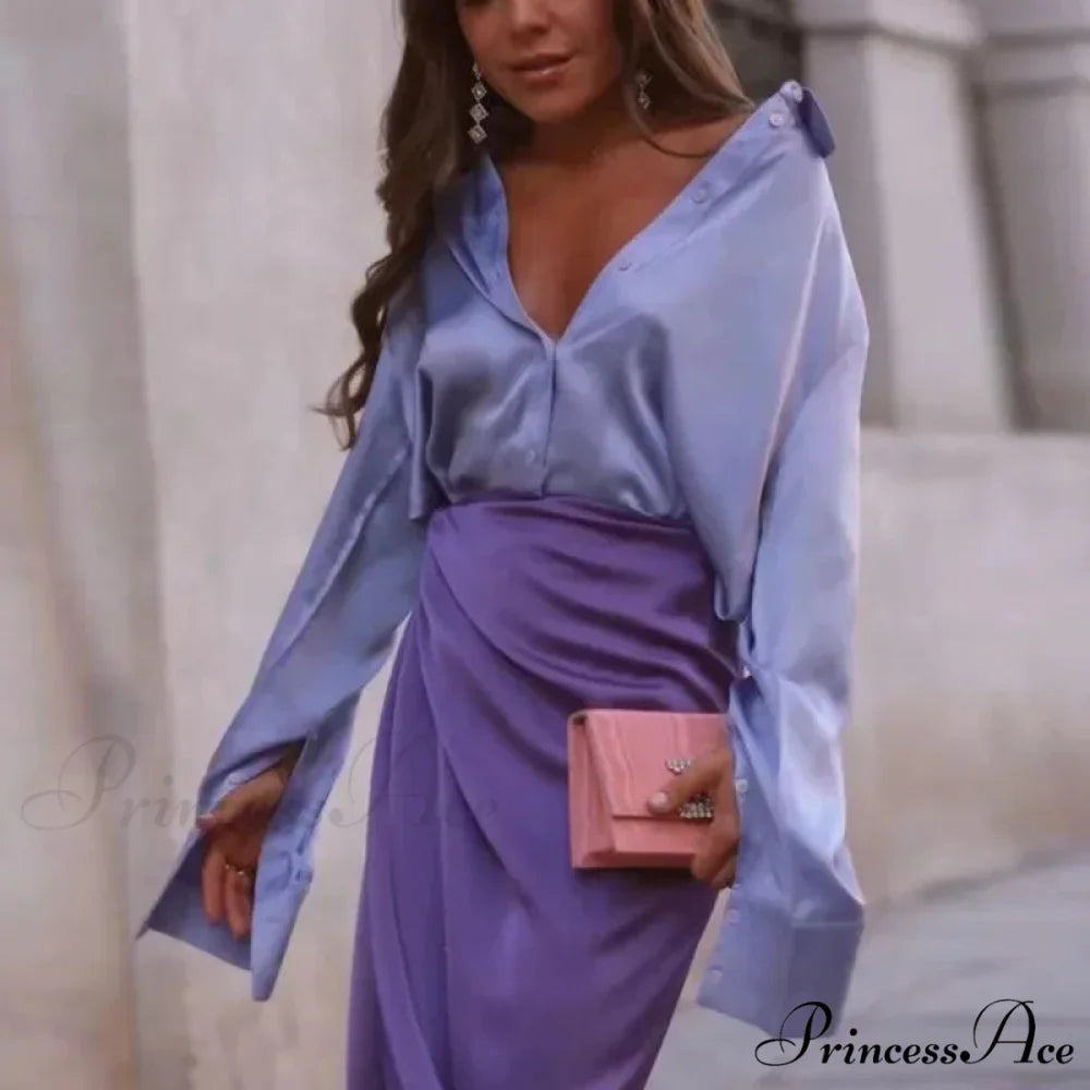 Collared Satin Retro Blue Blouse