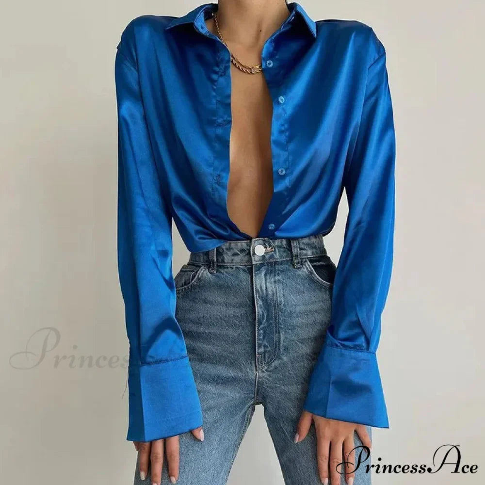 Collared Satin Retro Blue Blouse