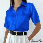 Collared Satin Retro Blue Blouse