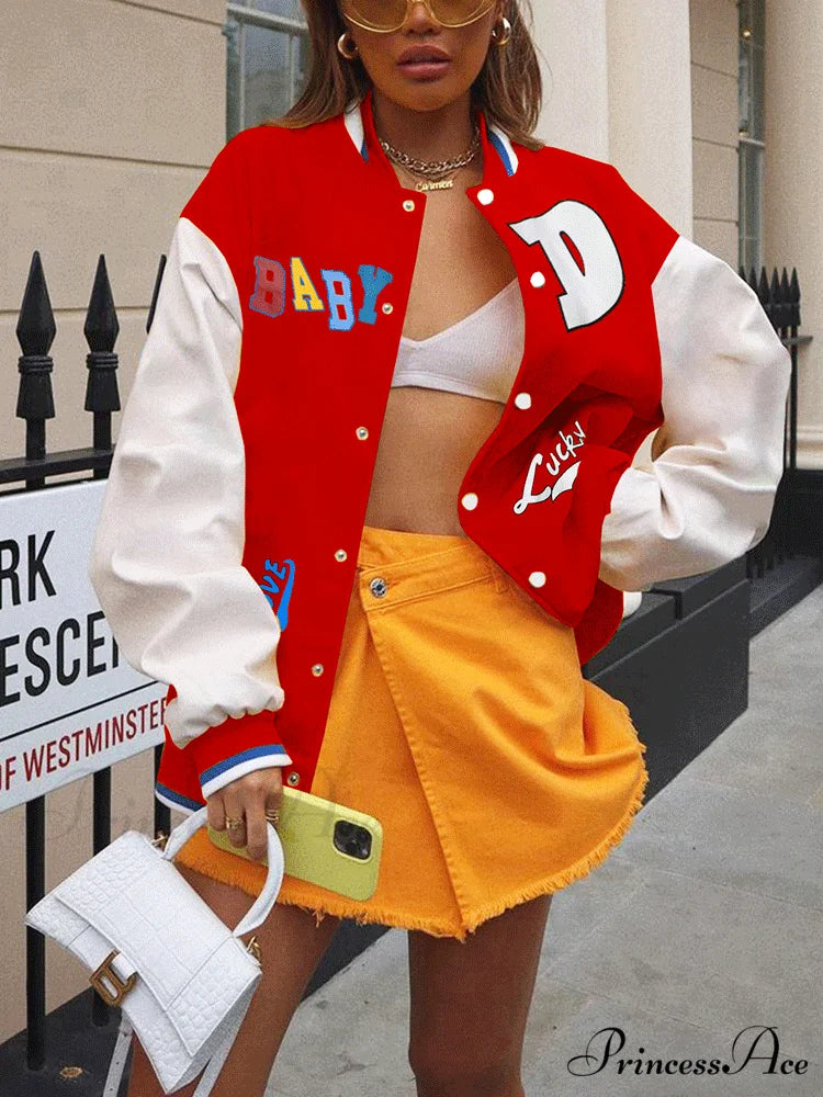 Color Block Graceful Baseball Jacket