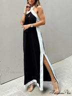 Color Block Halter Charming Neck Slit Maxi Dress